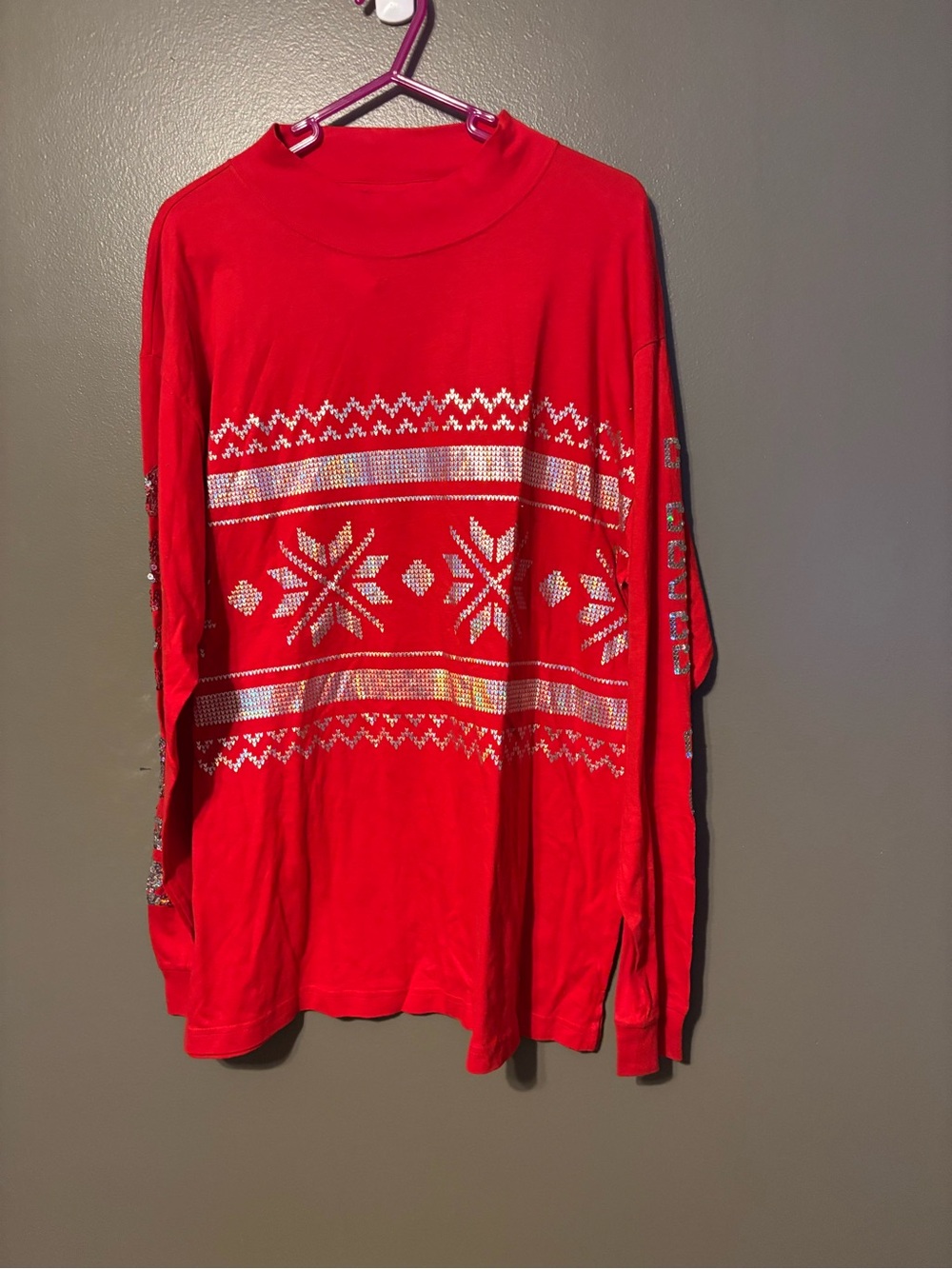 Women’s VS PINK Red Holiday Long Sleeve with Silver Sequin Snowflake Accents
